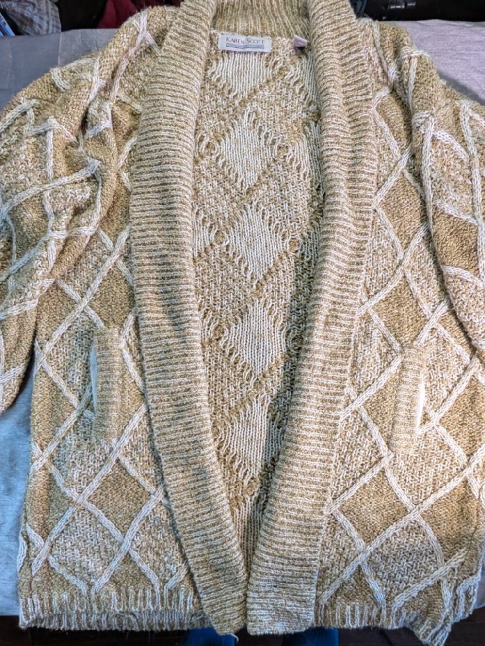 Vintage 80s Karen Scott Chunky Cable Knit Cardigan Sweater Small Tan Cream Open